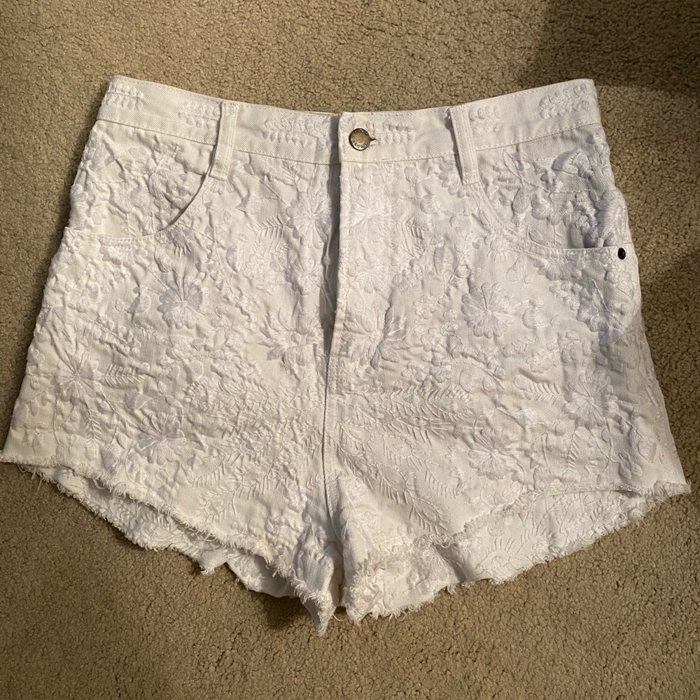 Free People White Embroidered Denim Shorts